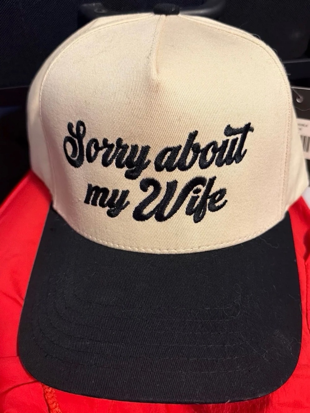 Beige and Black 'Sorry About My Wife' Embroidered Baseball Cap